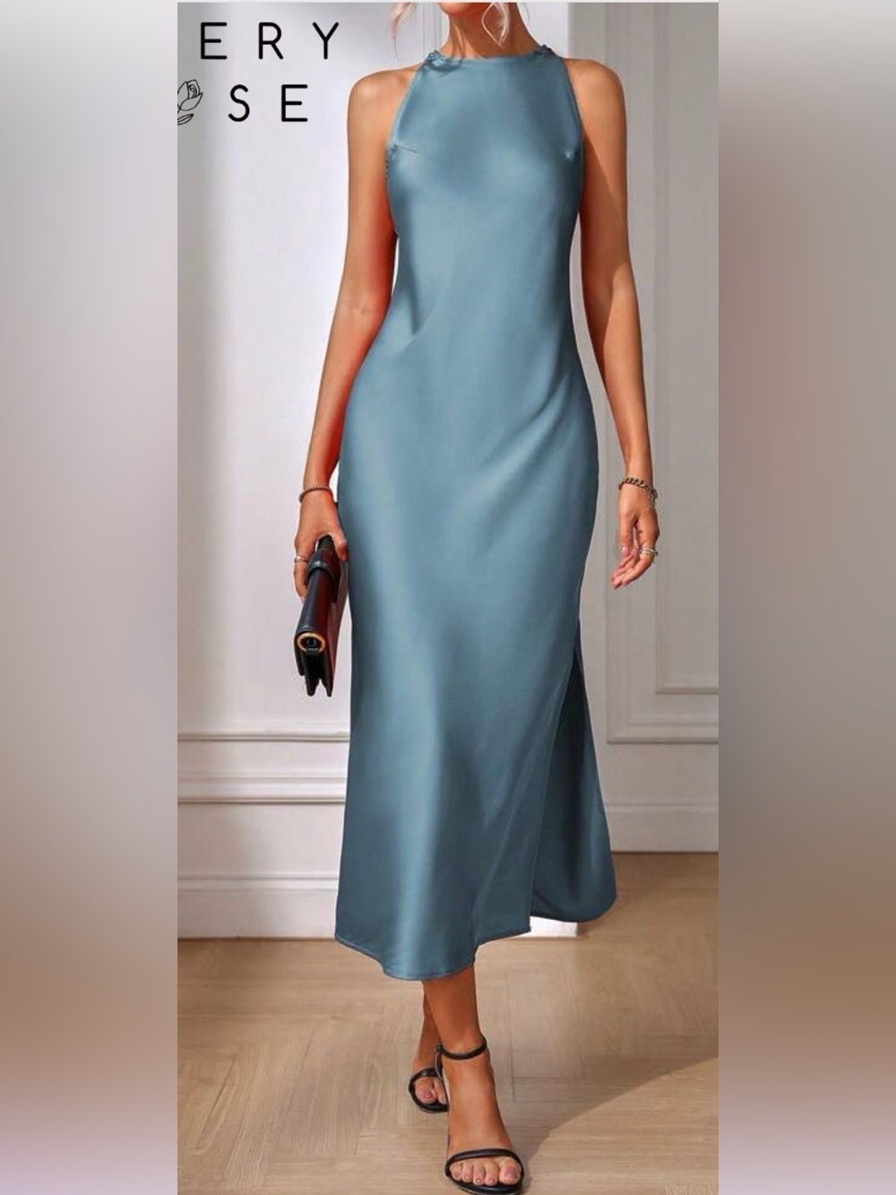 Satin Halter Midi Dress in Slate Blue